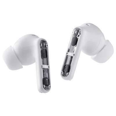 Zwei weiße, kabellose In-Ear-Kopfhörer mit transparenten Elementen, die das Innenleben zeigen.