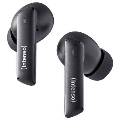 Schwarze kabellose Ohrhörer mit ergonomischem Design, Markenname 'Intenso' auf den Rückseiten. Geeignet für Musik und Anrufe.