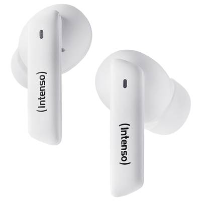 Zwei weiße kabellose In-Ear-Kopfhörer der Marke Intenso. Sie haben ein glänzendes Finish und ein schlankes, modernes Design.