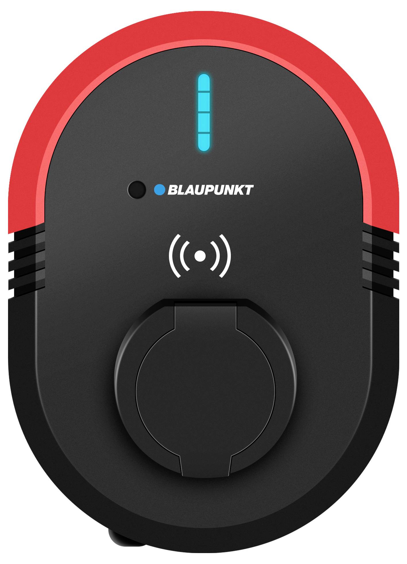 'Ladegerät von Blaupunkt, schwarz-rot, mit LED-Anzeige und kabellosem Ladezeichen.'