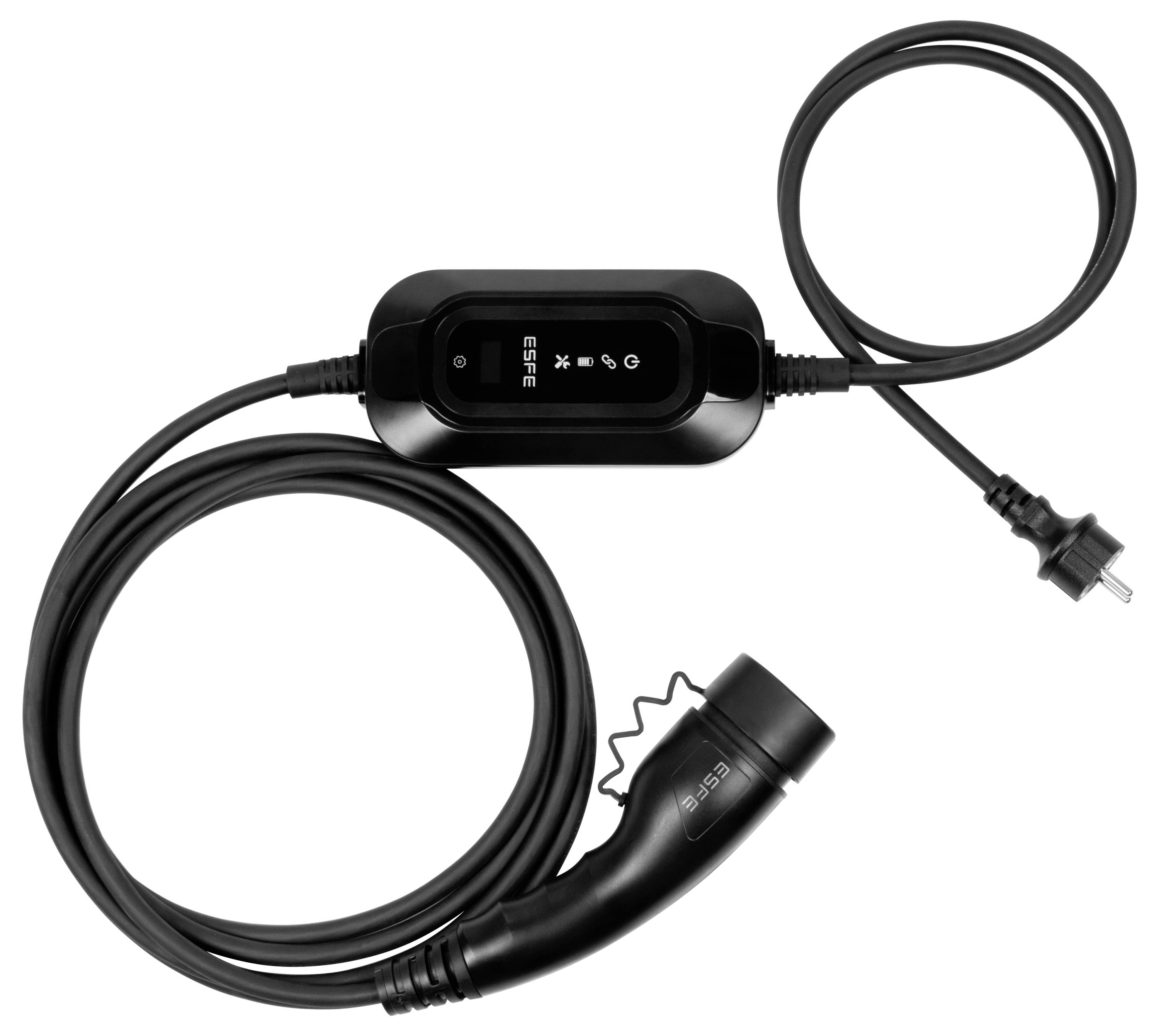 Schwarzes Ladekabel für Elektroautos mit Steckdose und Ladestecker, geeignet für den Anschluss an eine Haushaltssteckdose.