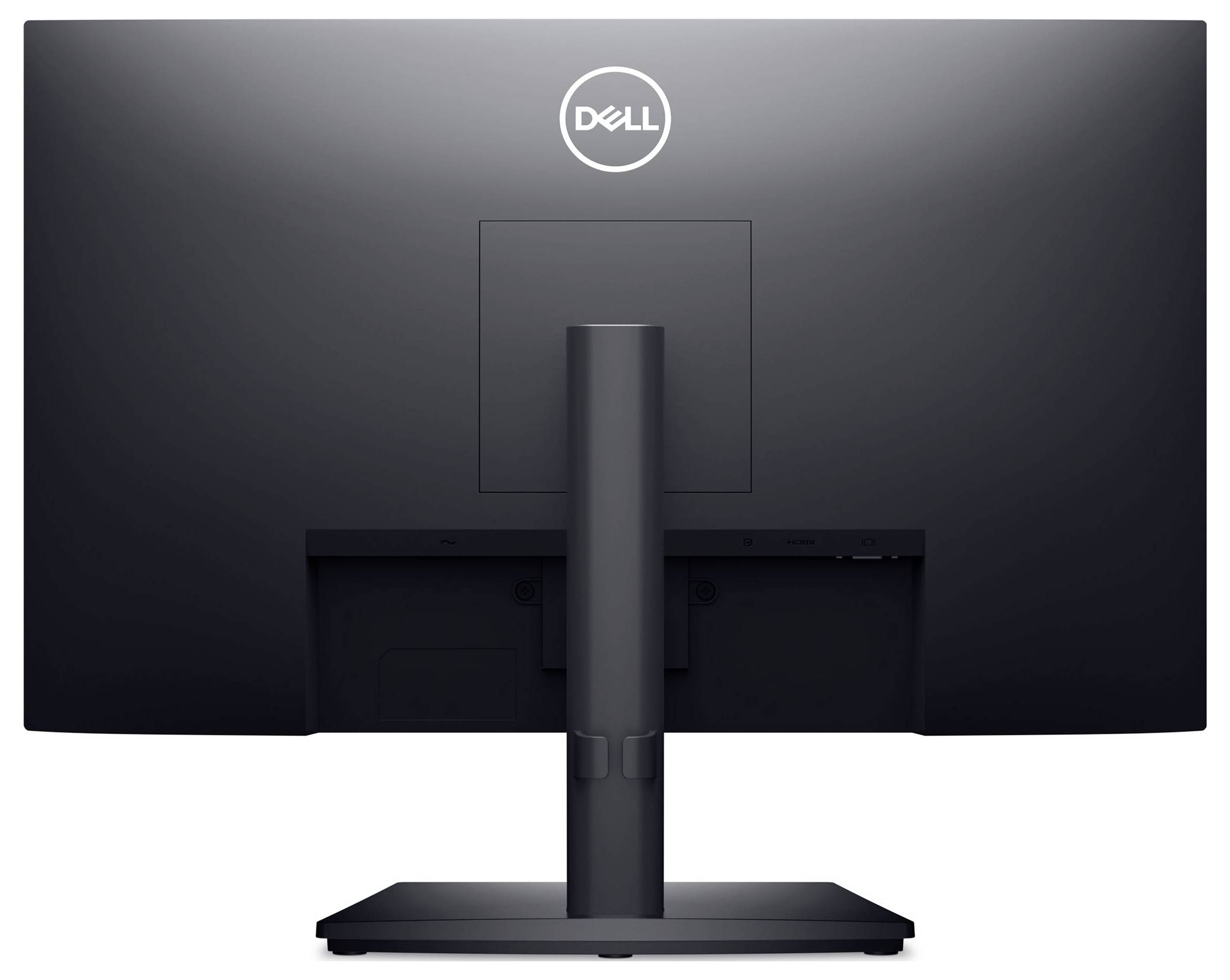 Ein schwarzer Dell-Monitor von hinten, mit dem Logo oben zentriert. Der Bildschirm ist auf einem schlichten rechteckigen Standfuß montiert.