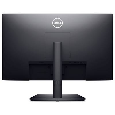 Ein schwarzer Dell-Monitor von hinten, mit dem Logo oben zentriert. Der Bildschirm ist auf einem schlichten rechteckigen Standfuß montiert.