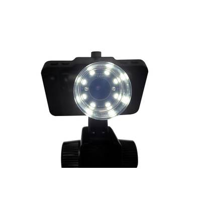 Eine Kamera mit hellen LED-Lichtern, die auf einem Stativ montiert ist und nach vorne zeigt.