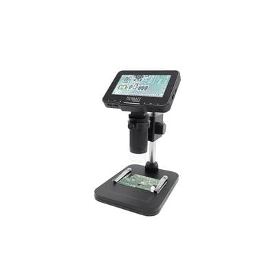 Digitalmikroskop mit LCD-Bildschirm, zeigt eine vergrößerte Leiterplatte. Ideal für präzise elektronische Inspektionen.