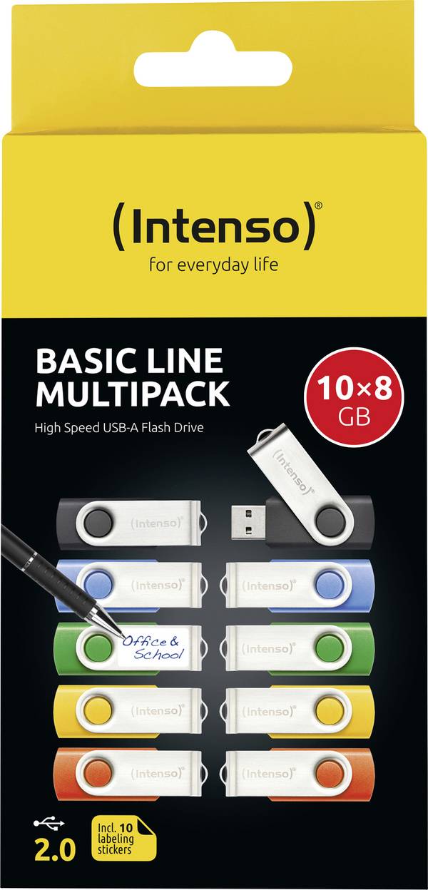 Intenso USB-Stick 10er Pack Basic Line 10 x 8 GB USB-Stick 8 GB Gelb, Grün, Blau, Orange, Schwarz 3503561 USB-A (USB 2.0)