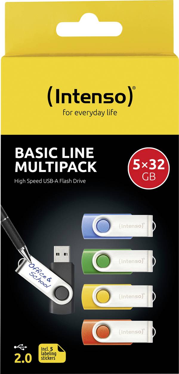 Intenso USB-Stick 5er Pack Basic Line 5 x 32 GB USB-Stick 32 GB Gelb, Grün, Blau, Orange, Schwarz 3503585 USB-A (USB 2.0)