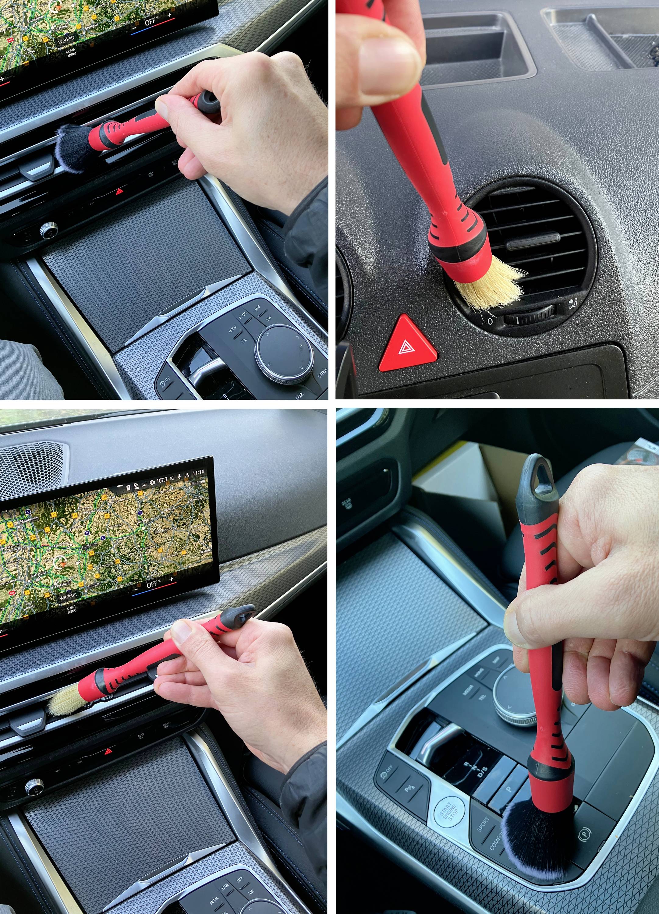 Person reinigt mit einem Pinsel Lüftungsschlitze und Knöpfe im Auto. Bildschirm zeigt Kartenansicht. Detailarbeit im Fahrzeug.
