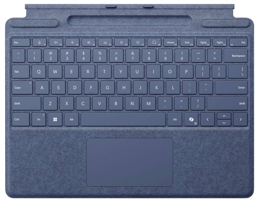 Eine abnehmbare Tastatur in Dunkelblau mit Trackpad, geeignet für Tablets. Zeigt eine vollständige QWERTY-Tastenanordnung.