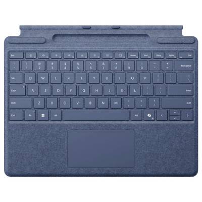 Eine abnehmbare Tastatur in Dunkelblau mit Trackpad, geeignet für Tablets. Zeigt eine vollständige QWERTY-Tastenanordnung.