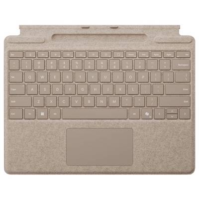 Tastatur mit integrierter Touchpad-Funktion in braunem Stoff; geeignet für Surface-Geräte. Enthält Funktionstasten und Standardlayouts.
