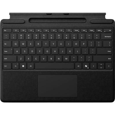Schwarze Tastaturhülle mit integriertem Trackpad, geeignet für Tablets. Enthält Funktionstastenreihe und spezielle Windows-Shortcuts.