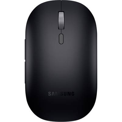 Schwarze kabellose Samsung-Computermouse mit Scrollrad, schlichtem Design und Logo.
