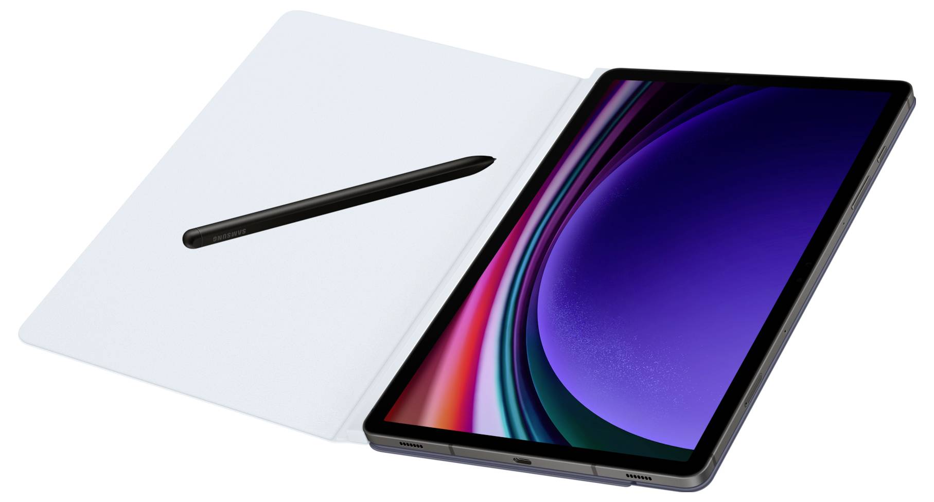 Ein Tablet mit einem farbenfrohen Display, neben einem digitalen Stift, auf einer schräg liegenden Oberfläche.