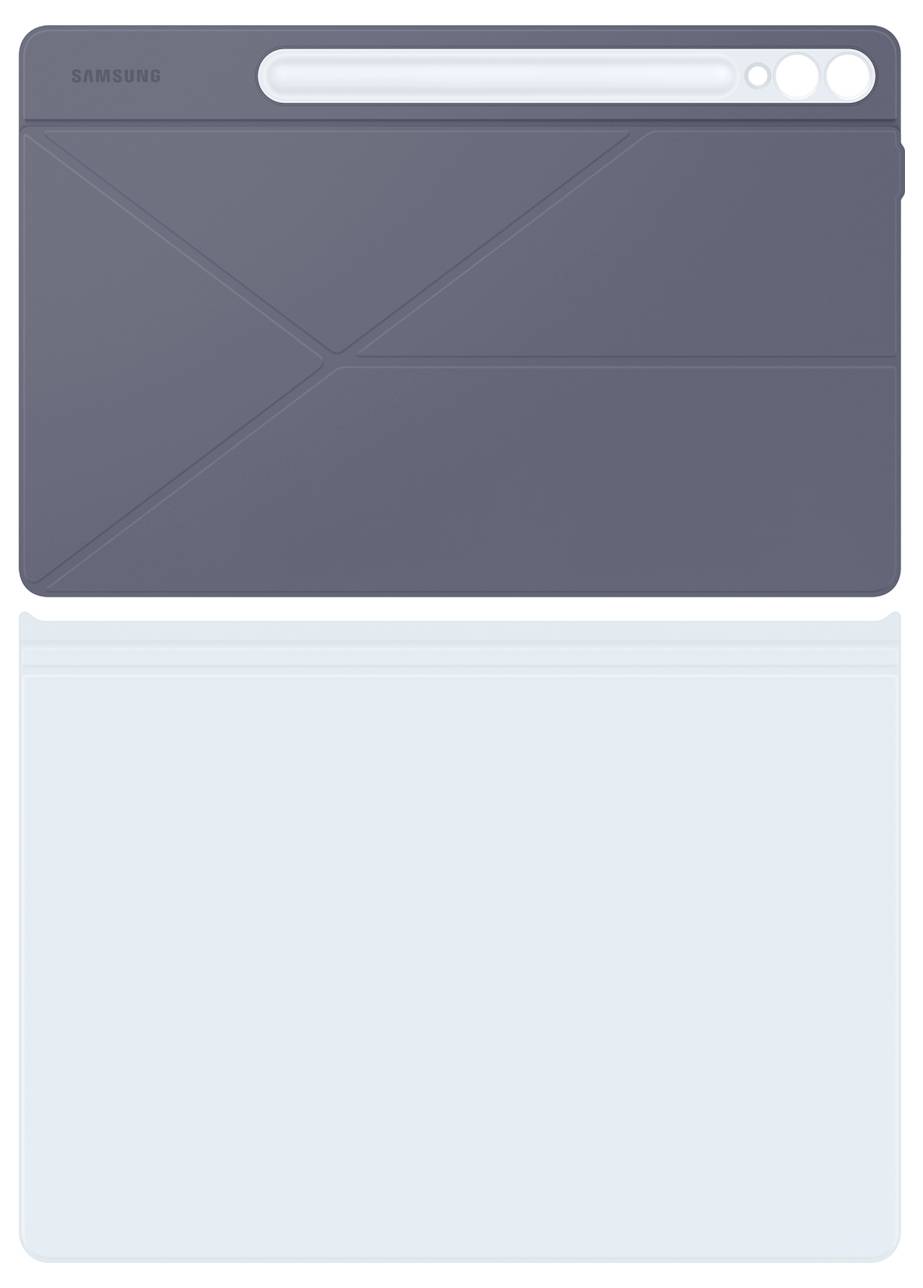 Ein Tablet mit Hülle in Dunkelgrau liegt auf einer hellgrauen Tischplatte. Das Tablet hat ein schlichtes, modernes Design.