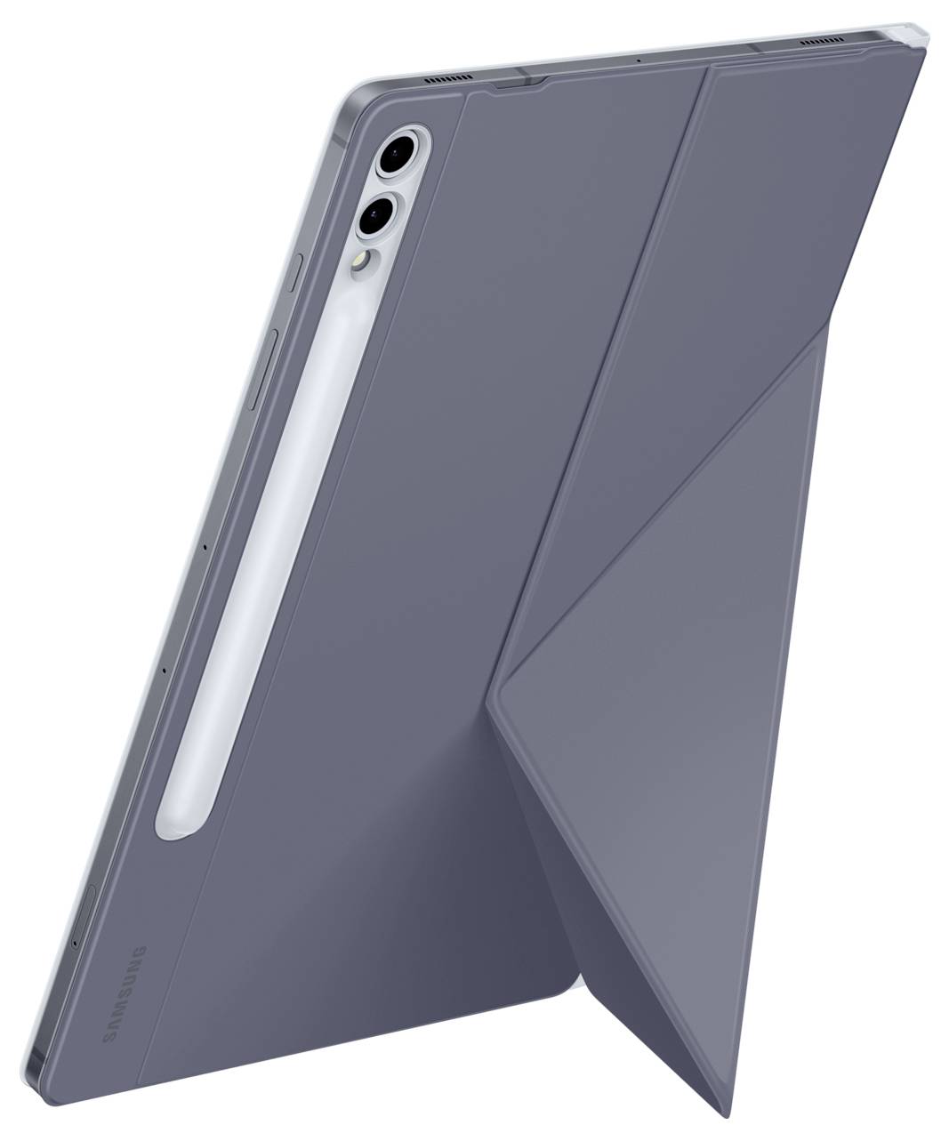 Ein modernes Tablet mit dualer Kamera, hochkant auf einem Ständer platziert, Rückseite in dunklem Grau.