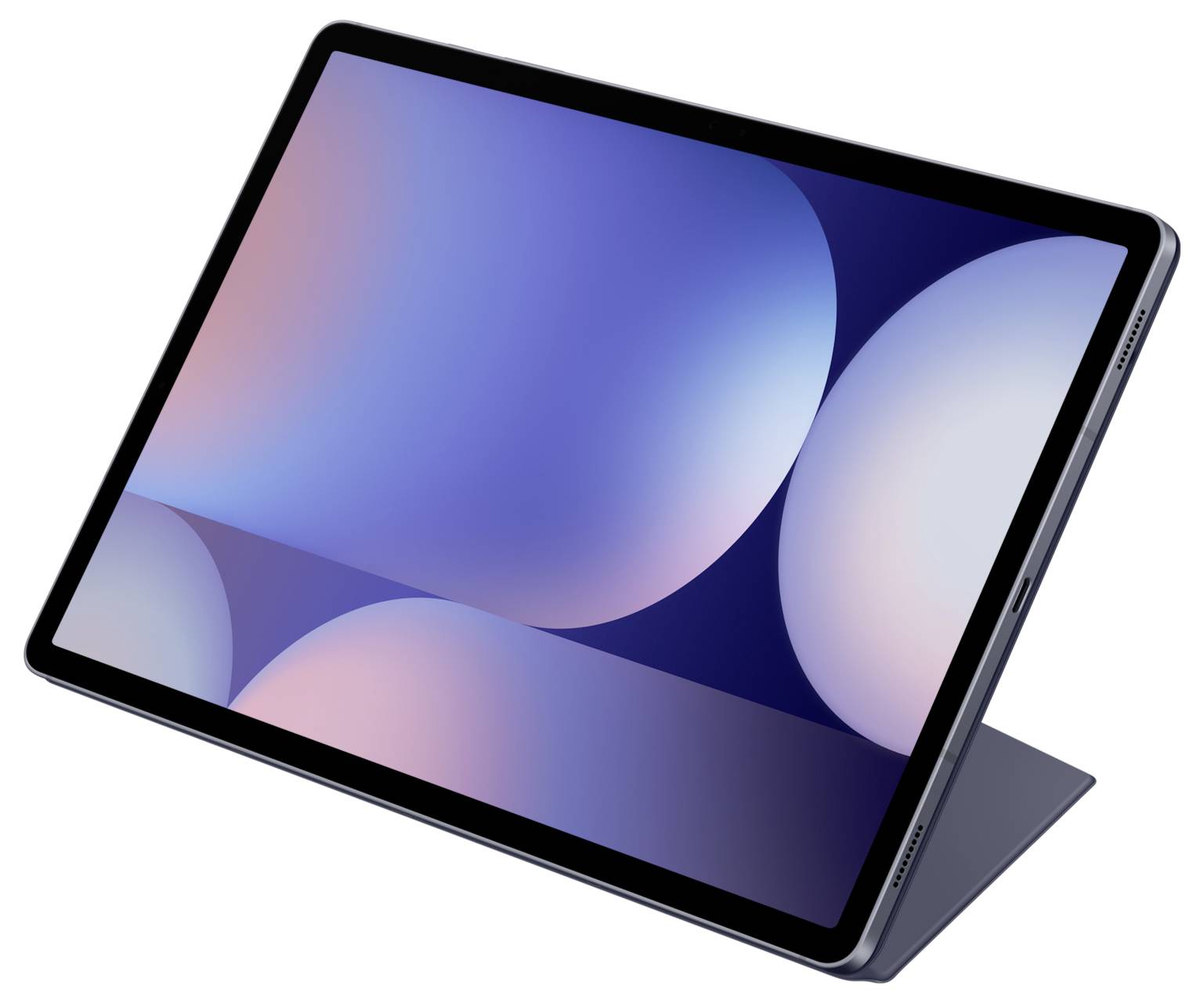 Ein modernes Tablet mit einem Display, das pastellfarbene Kugeln auf blauem Hintergrund zeigt. Es steht auf einem Standfuß.