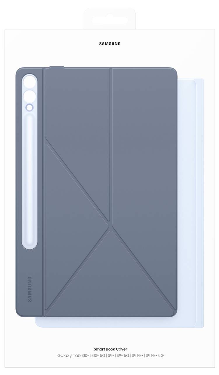 Ein blauer Smart Book Cover für ein Samsung Galaxy Tablet, in einer Verpackung mit der Aufschrift 'Samsung'. Designed für mehrere Modelle.