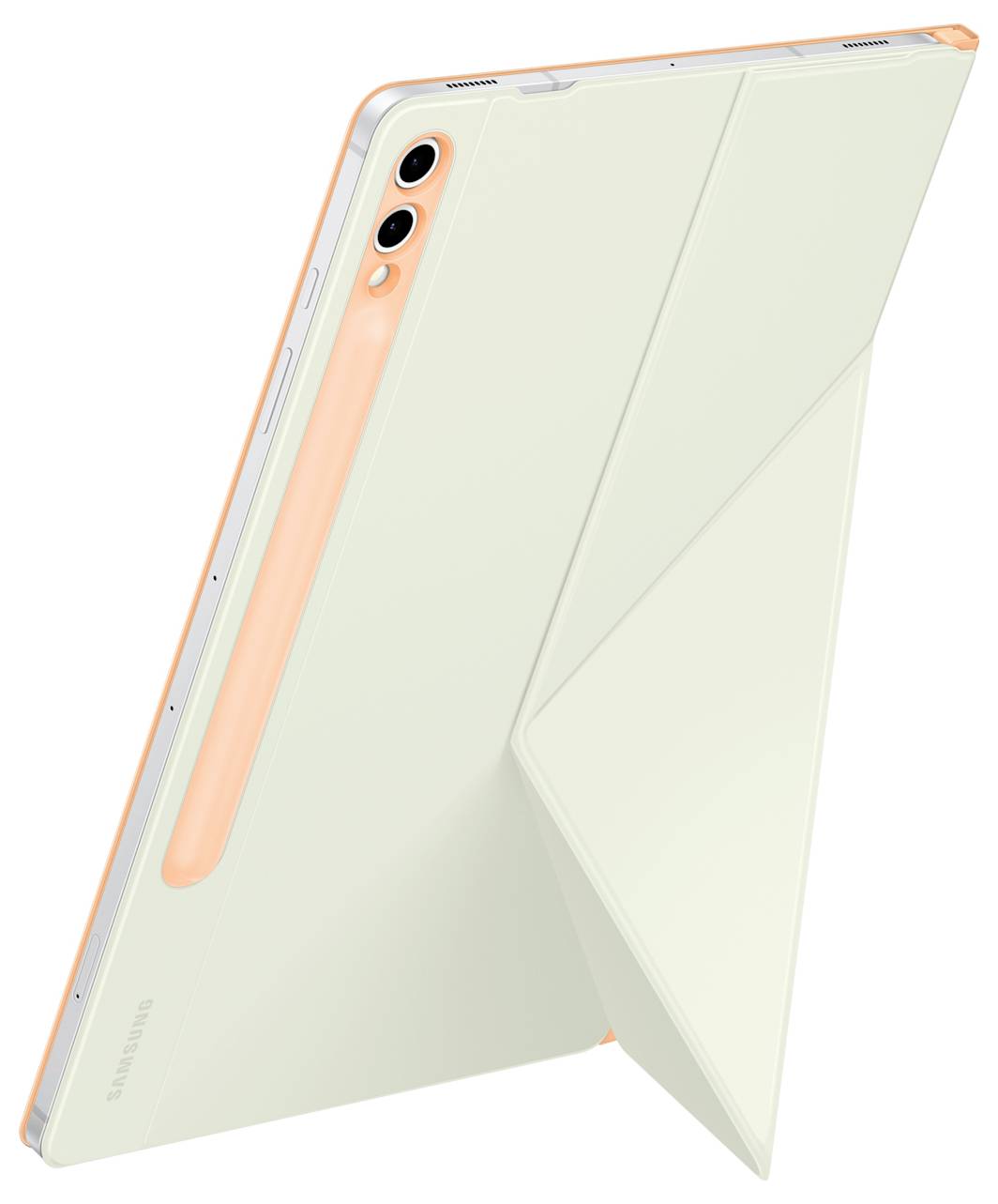 Ein Tablet mit Stift im Rückwärtige Ansicht. Stift steckt magnetisch am Rand auf der Rückseite. Tablet ist in hellem Farbschema.
