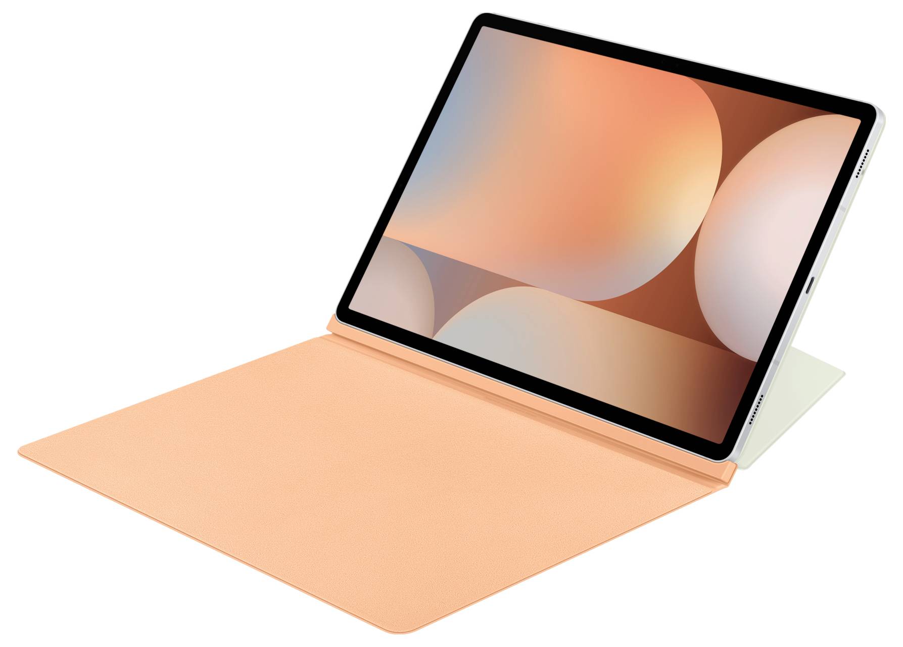 Tablet mit angeschlossenem, orangefarbenem Tastatur-Cover, zeigt abstrakte Hintergrundgrafik aus weichen, ineinander übergehenden Farbkreisen.