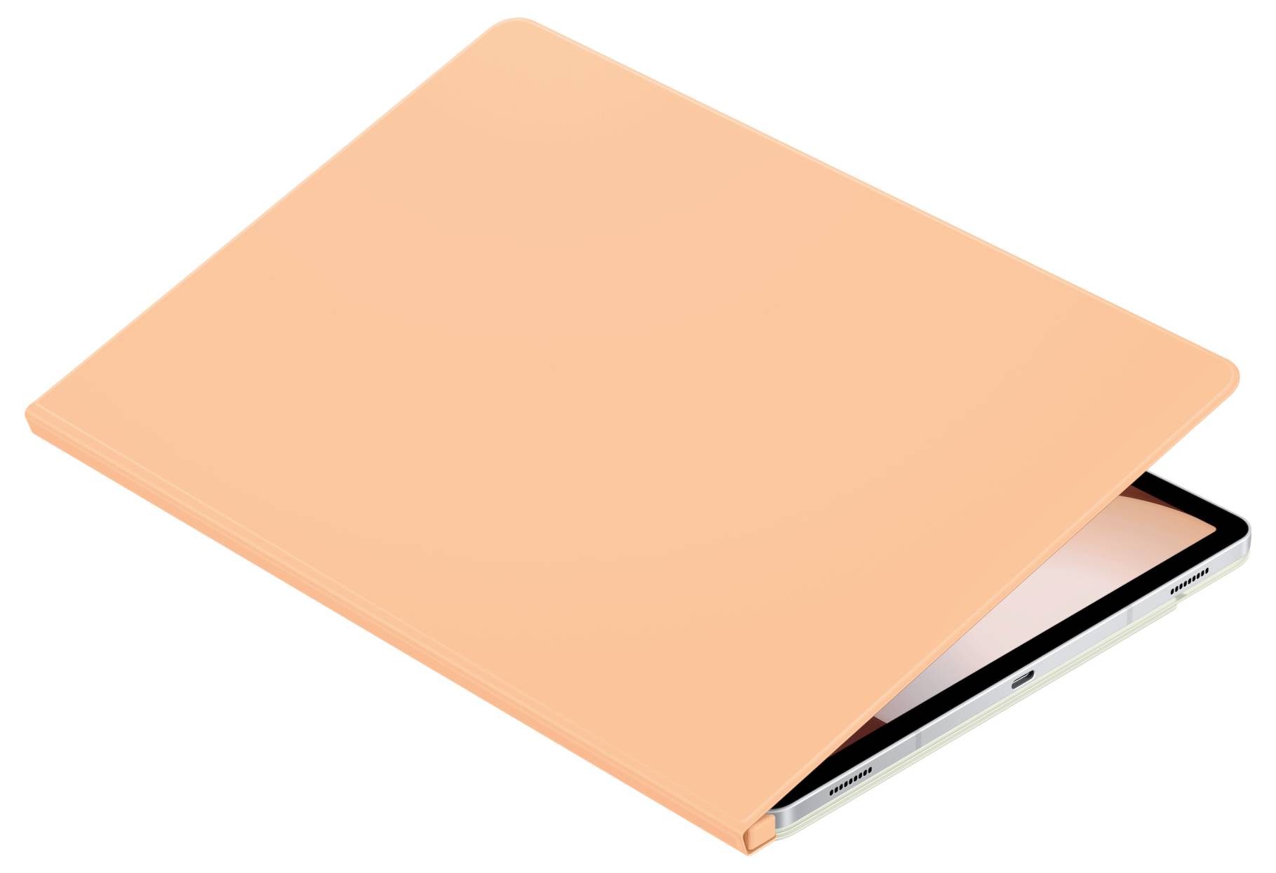 Ein Laptop mit orangefarbenem Deckel ist teilweise geöffnet, wodurch ein Teil des Bildschirms sichtbar ist.