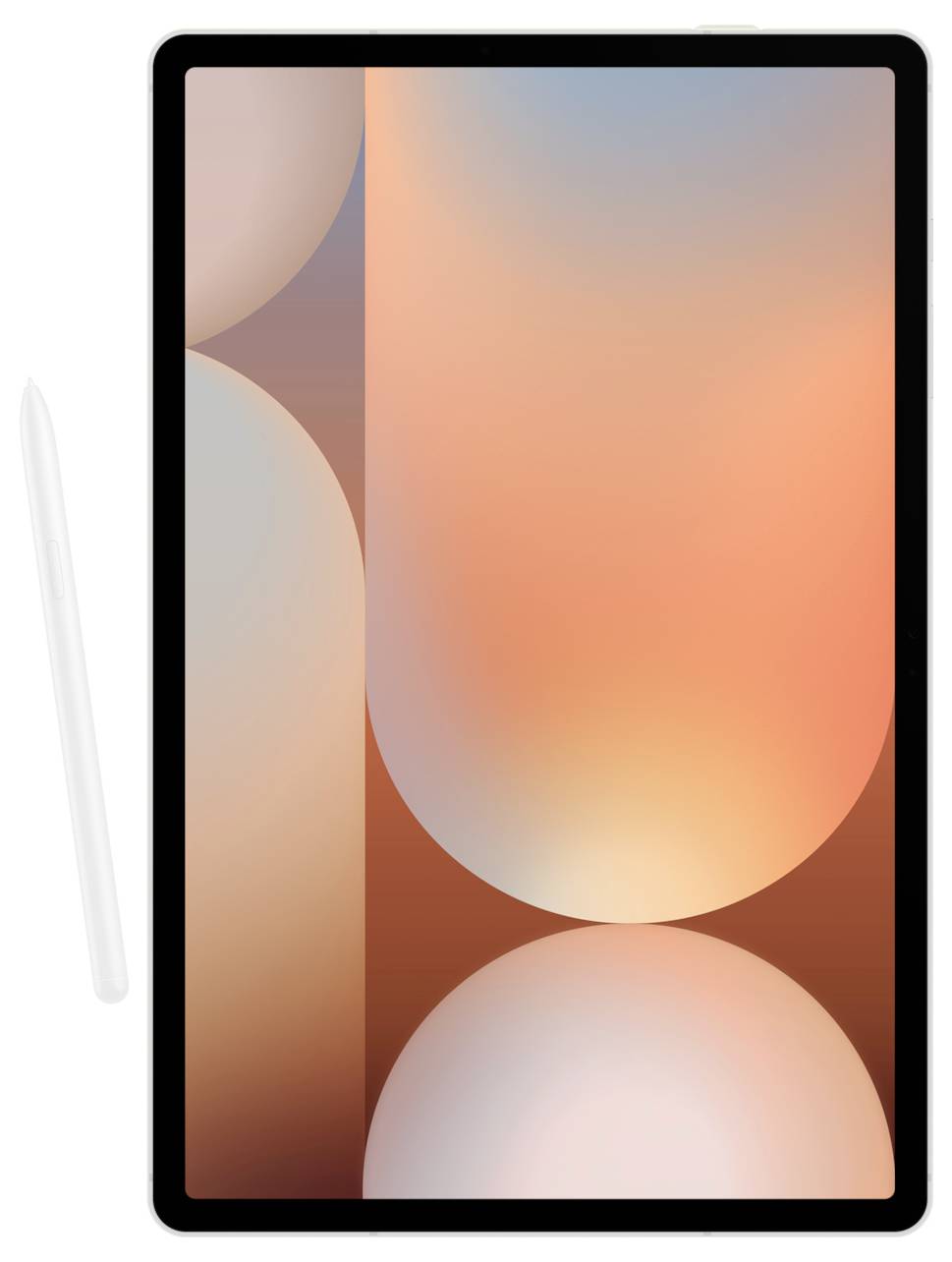 Tablet mit digitalem Stift, Bildschirm zeigt ein abstraktes geometrisches Muster in warmen Farben.
