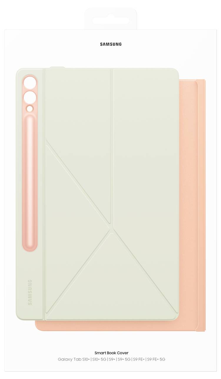 Smart Book Cover für Galaxy Tab S9 FE. Beige mit rosa Akzentstreifen. Designed für Schutz und Stifthalterung.