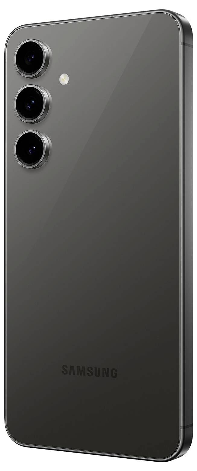 Schwarzes Smartphone von Samsung mit drei Kameralinsen und einem Blitz auf der Rückseite. Gerät steht leicht nach rechts gedreht.