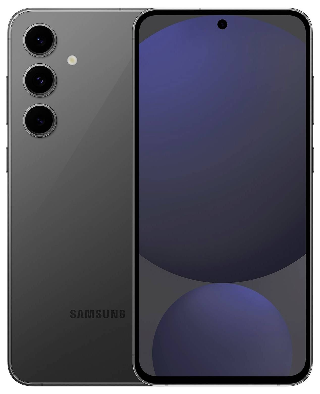 Ein modernes Smartphone mit dunklem Gehäuse, drei Kameralinsen auf der Rückseite. Display zeigt ein schlichtes, dunkles Motiv.