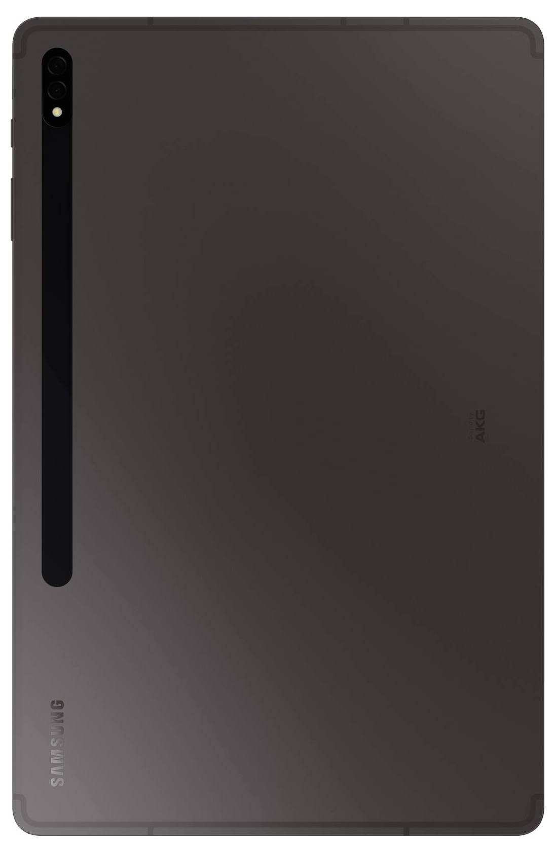 Das Bild zeigt die Rückseite eines Tablets mit einer Kamera in der oberen Ecke und dem Schriftzug 'Samsung' am Rand.