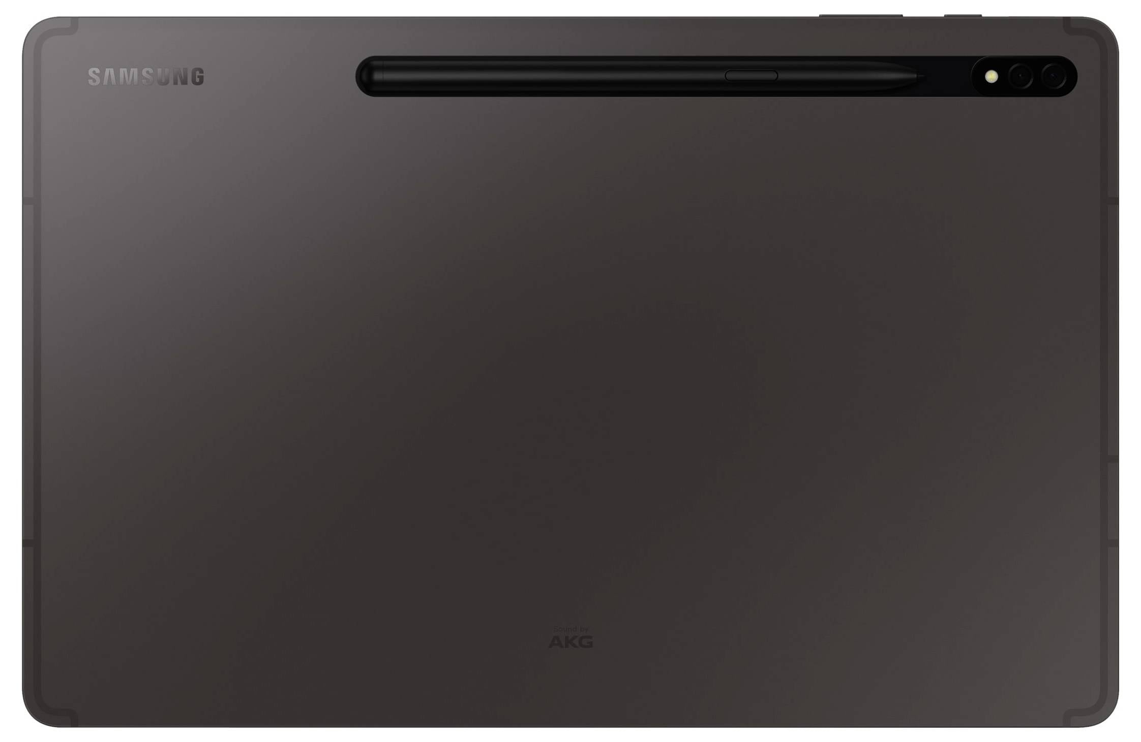 Rückseite eines Tablets mit schwarzer Oberfläche, vertikaler Kamera und integriertem Stift. Markennamen 'Samsung' und 'AKG' sichtbar.
