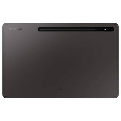Rückseite eines Tablets mit schwarzer Oberfläche, vertikaler Kamera und integriertem Stift. Markennamen 'Samsung' und 'AKG' sichtbar.