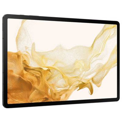Ein Tablet mit einem Bildschirm, auf dem abstrakte orange und gelbe Rauchwirbel angezeigt werden.