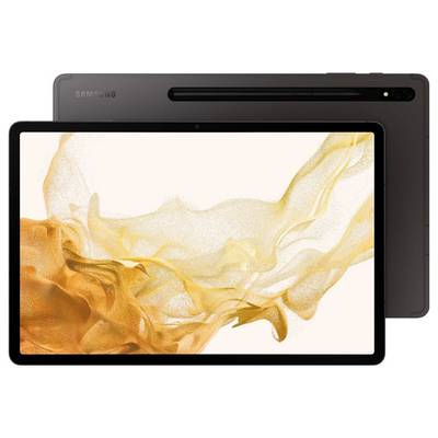 Ein Tablet mit einem schwarzen Rahmen zeigt ein abstraktes, orangefarbenes Grafikmuster auf dem Bildschirm.