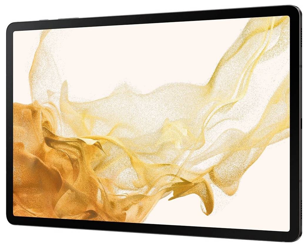 Ein Tablet mit einem farbigen Bildschirm zeigt ein abstraktes gelbes und orangefarbenes Muster auf weißem Hintergrund.