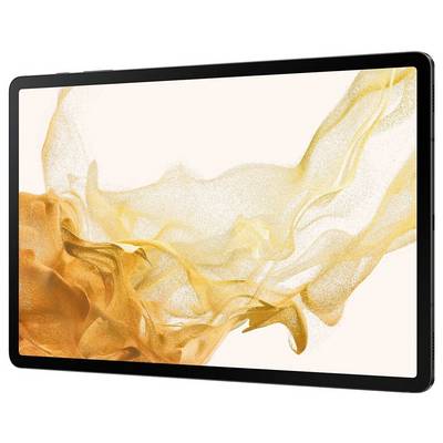 Ein Tablet mit einem farbigen Bildschirm zeigt ein abstraktes gelbes und orangefarbenes Muster auf weißem Hintergrund.