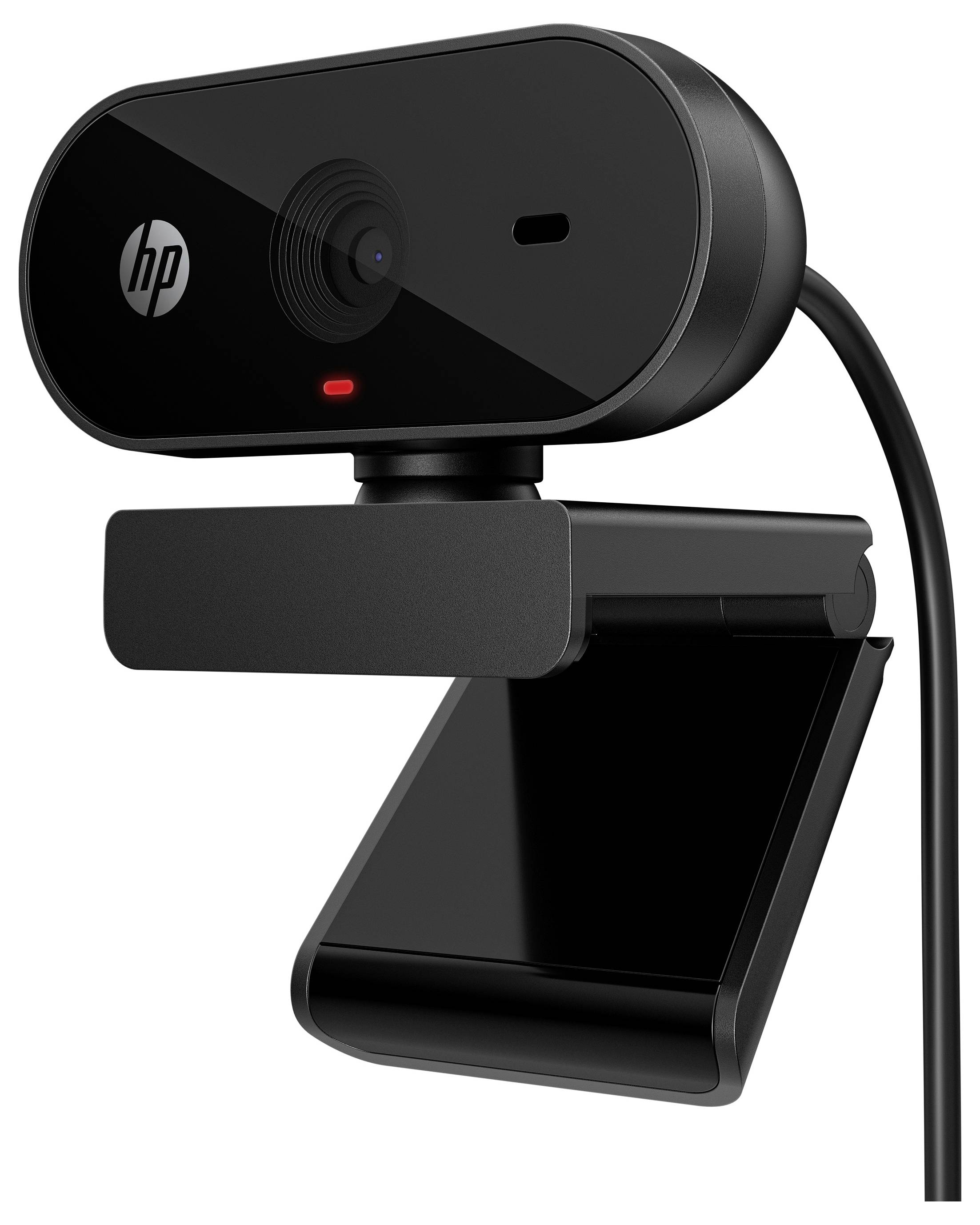 Eine schwarze Webcam mit Kabel und Standfuß, geeignet zur Befestigung an einem Monitor. Sie zeigt eine Linse und ein LED-Licht.