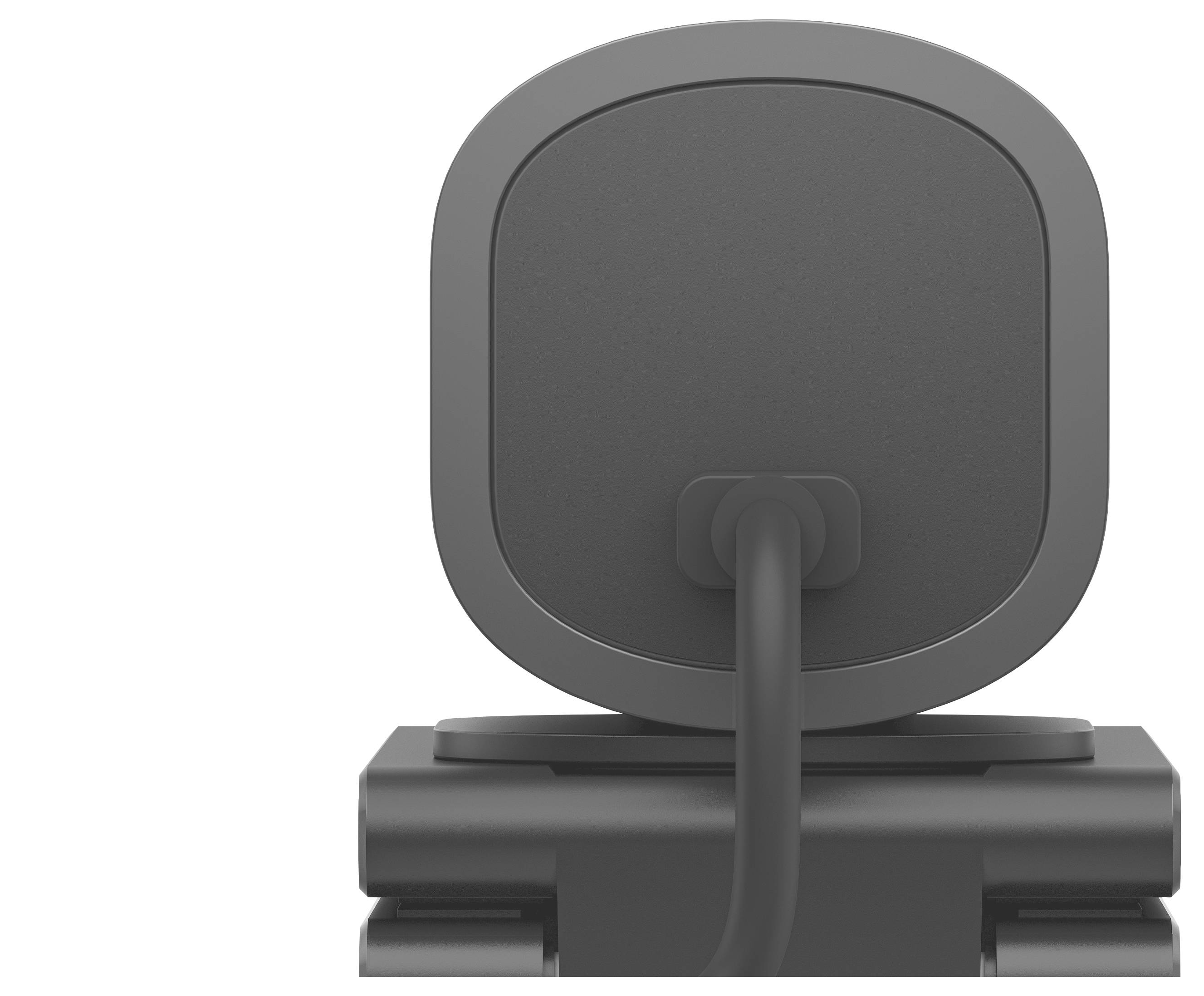 Die Rückseite einer rechteckigen Webcam mit Kabel, montiert auf einem Monitor.