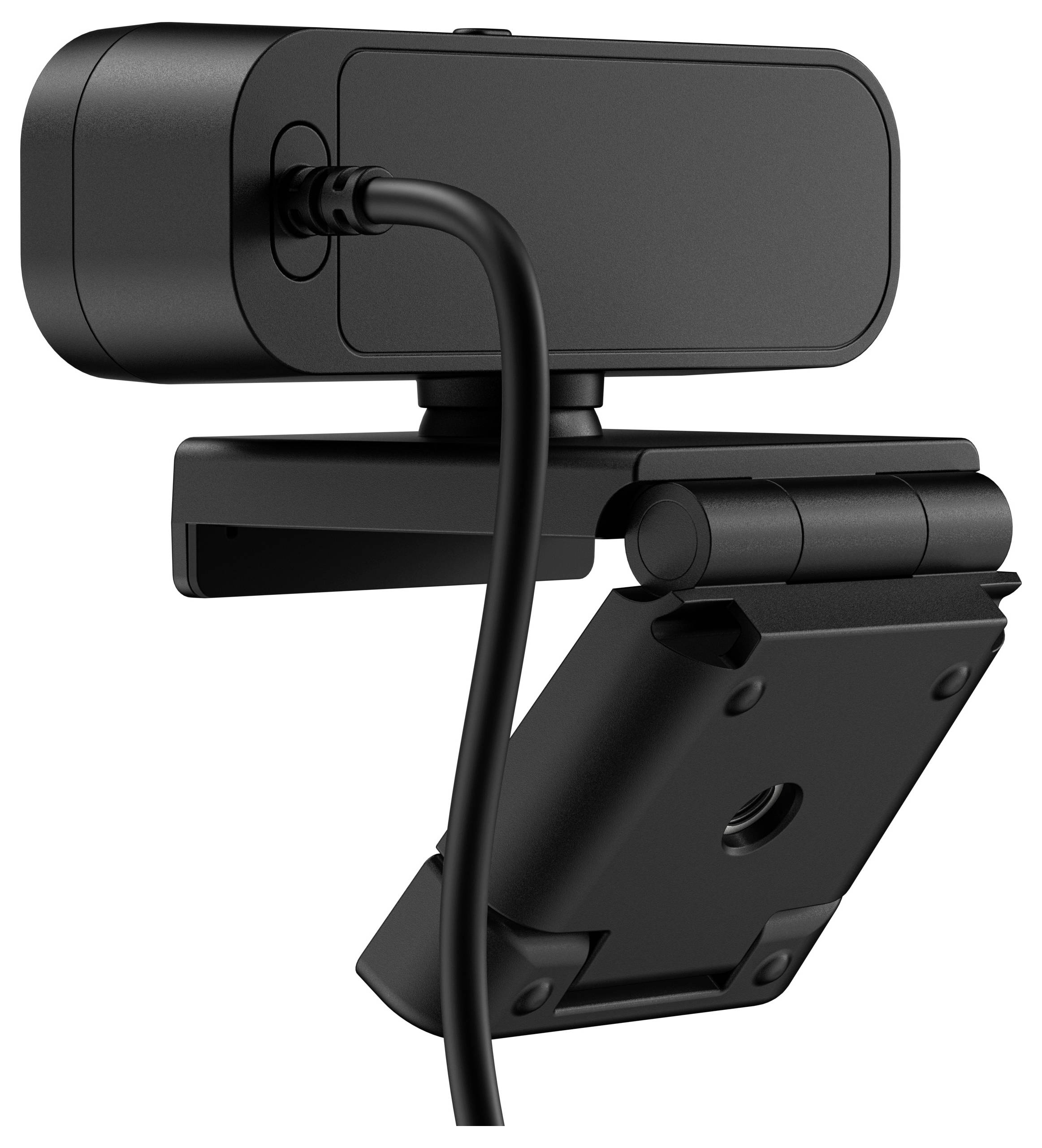 Eine schwarze Webcam von der Seite gezeigt, mit einem Kabel, das an der Rückseite angeschlossen ist. Sie ist auf einem Standfuß montiert.
