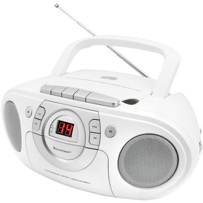 Ein tragbares, weißes Radio mit Kassettendeck und Teleskopantenne, zeigt auf dem Display die Zahl '14'. Der Herstellername ist sichtbar.