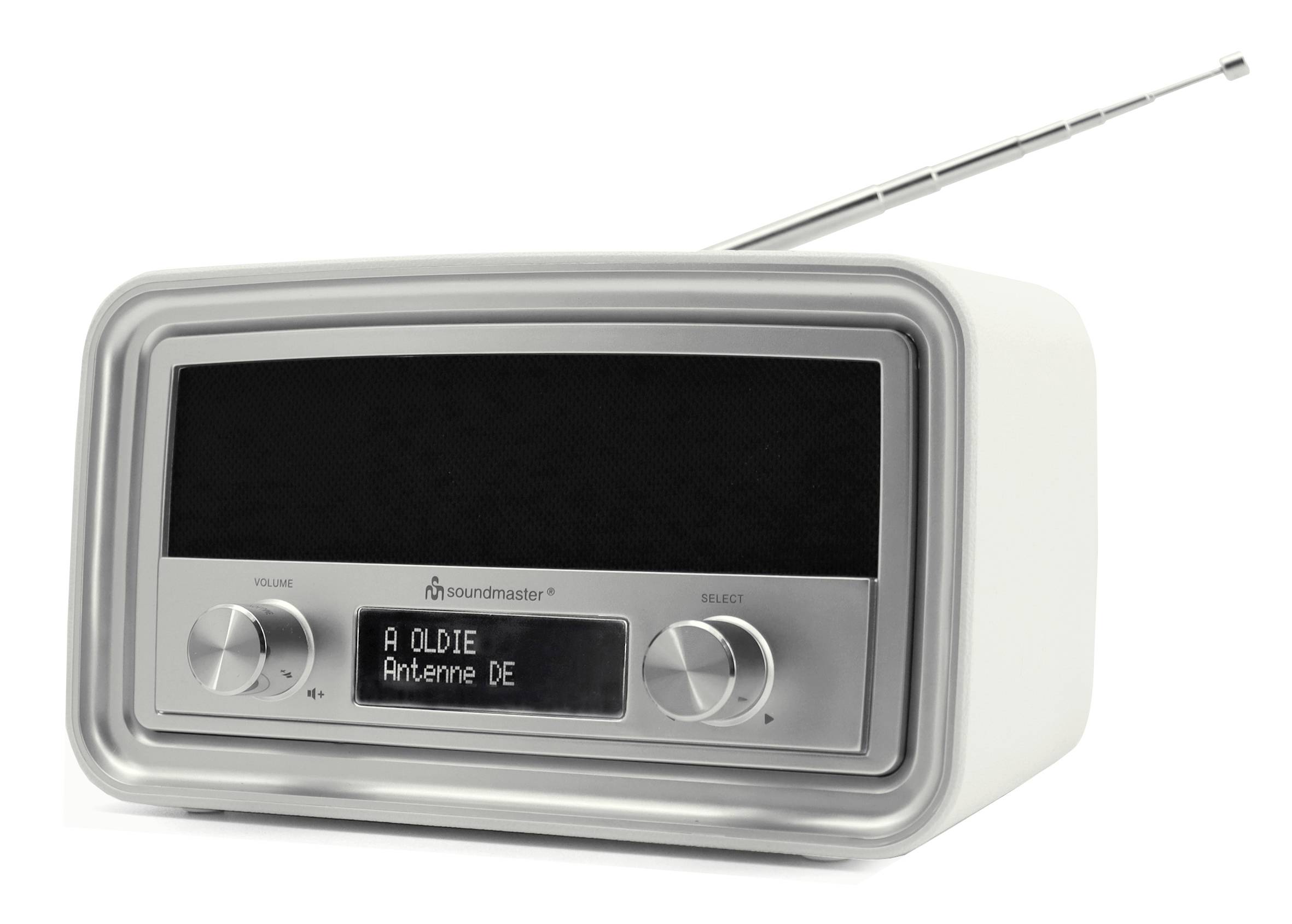 Ein weißes Retro-Radio mit silbernen Details zeigt auf dem Display den Sender 'A Oldie Antenne DE'.