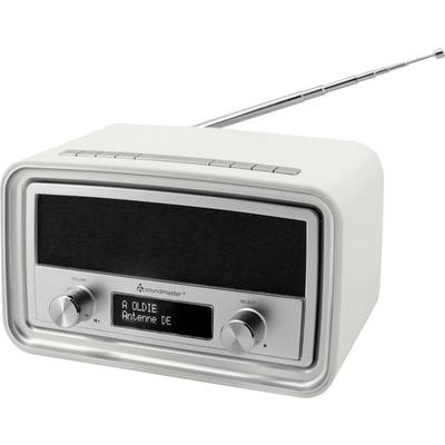 Ein weißes, retro-aussehendes Radio mit Antenne. Auf dem Display steht 'A OLDIE Antenne DE'. Zwei Drehregler sind sichtbar.