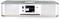 Weißes Radio mit einem Display, das 'Absolute relax' und den Song 'YOU'RE NOT ALONE' anzeigt.  Das Radio hat seitliche Lautsprecher.