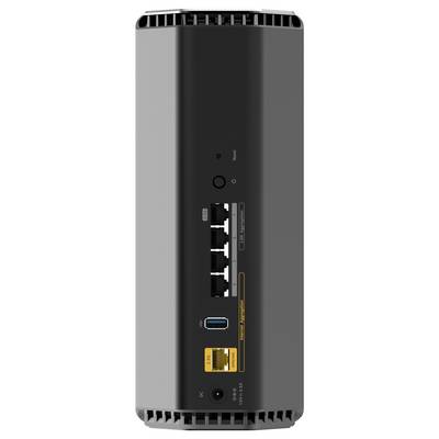 Die Rückseite eines Netzwerkgeräts mit mehreren Ethernet-Anschlüssen, USB-Anschluss und Stromanschluss.