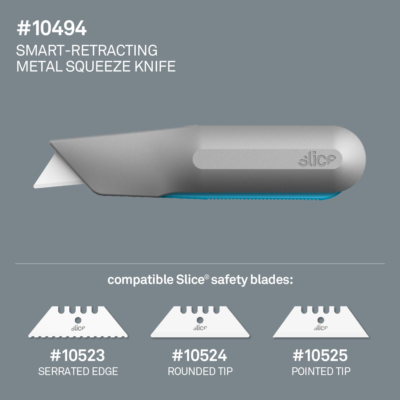 Graues Cuttermesser mit selbst-einziehender Klinge. Text: '#10494 Smart-Retracting Metal Squeeze Knife'. Kompatible Klingen abgebildet: gezahnt, gerundet, spitz.