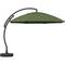 Grüner Freiarmschirm mit gebogenem schwarzem Ständer und rundem Sockel. Geeignet für Garten oder Terrasse, bietet Schatten.