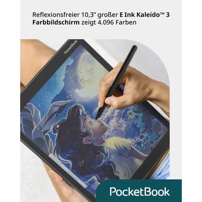 Eine Hand zeichnet auf einem Tablet mit farbigem E Ink-Display; zeigt eine Frau im Mondlicht. Text auf dem Bild beschreibt die Farbfähigkeiten.