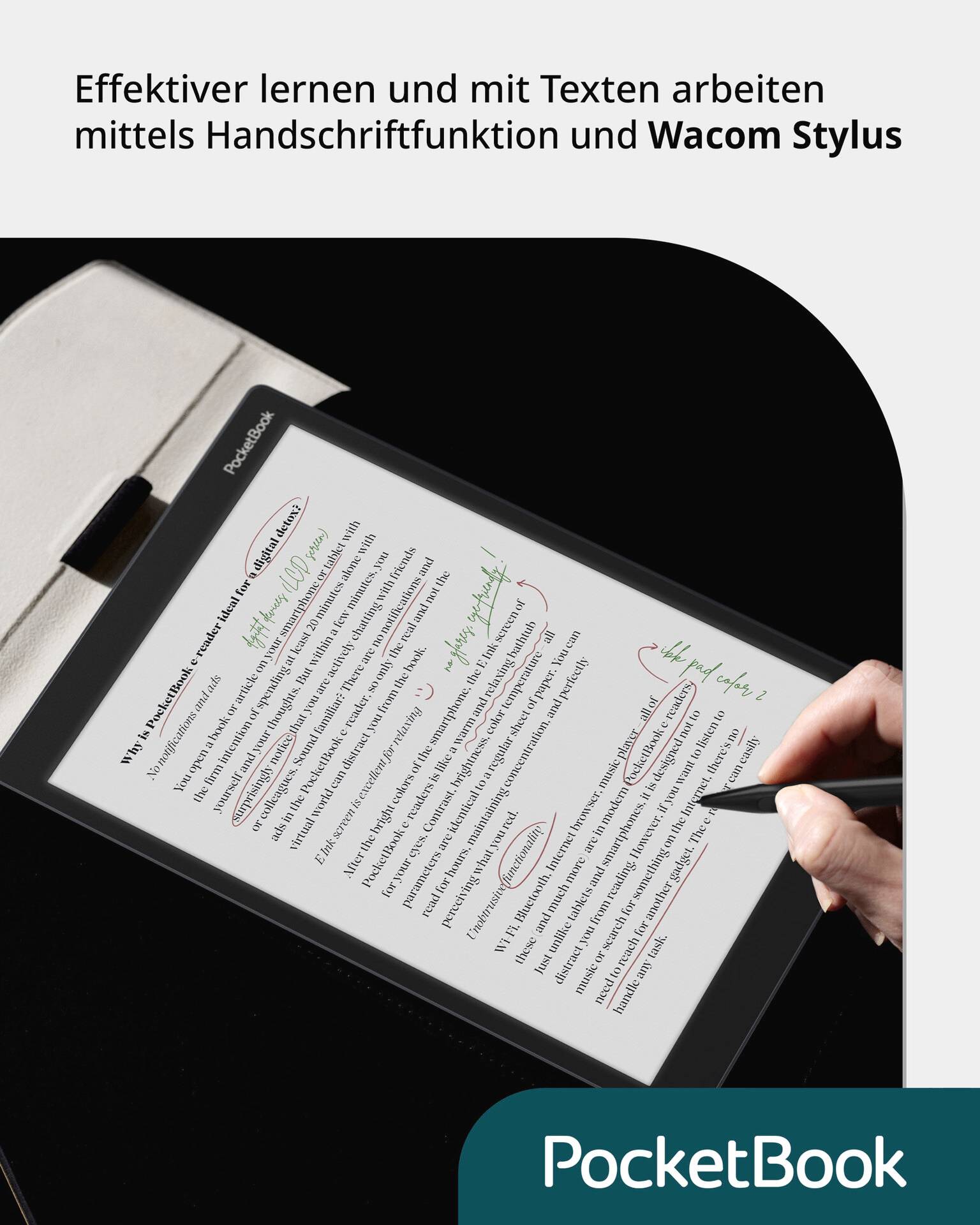Ein Tablet zeigt handschriftlich bearbeitete Textnotizen. Eine Hand hält einen Stylus. Text oben: 'Effektiver lernen mit Wacom Stylus'.