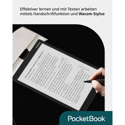 Ein Tablet zeigt handschriftlich bearbeitete Textnotizen. Eine Hand hält einen Stylus. Text oben: 'Effektiver lernen mit Wacom Stylus'.