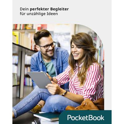 Zwei lachende Personen sitzen auf dem Boden in einer Bibliothek, eine Person hält ein Tablet. Text: 'Dein perfekter Begleiter für unzählige Ideen'. PocketBook-Logo.